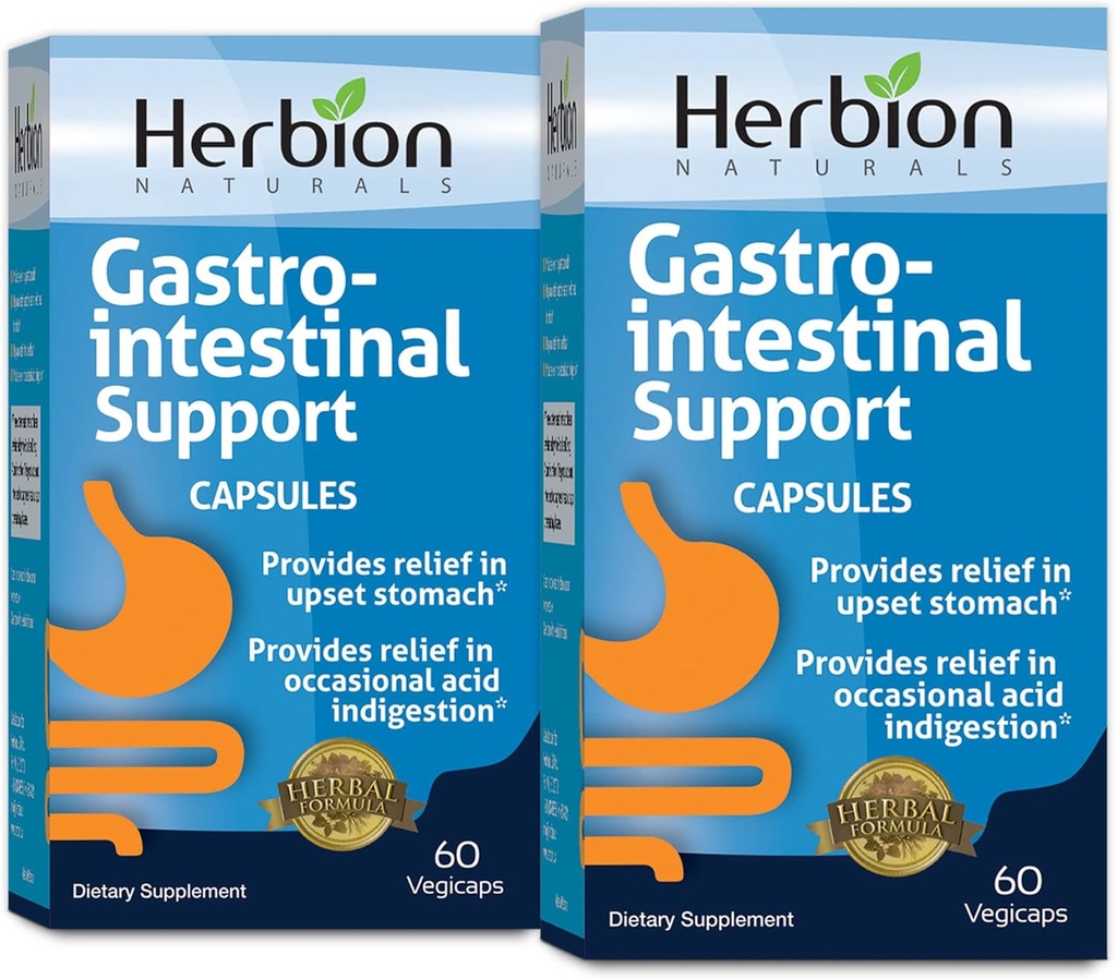 HERBION Naturals Gastro- 내장 지원 Upset Stomach Relief, 위장 건강 및 기능, Occasional Acid Indigestion, 건강한 Intestinal Flora, 60 Vegicaps - 2 팩