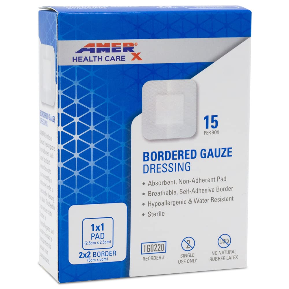 2" x 2" 드레싱 (1x1 패드) AMERX 국경 가제 - 접착제 붕대 - 물 저항하는 장벽 - 자동 접착 국경 - Breathable, Hypoallergenic - 상자 당 15의 패드
