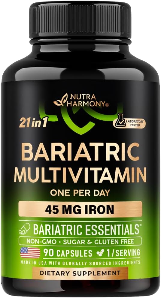 NUTRAHARMONY Bariatric Multivitamin - 45 mg 철 보충제 - 미국에서 제조 - 여성 및 남성 - 올인원, 21 에센셜 비타민 - 위장 소매 지원 - 가벼운 열대 맛 - 90 캡슐