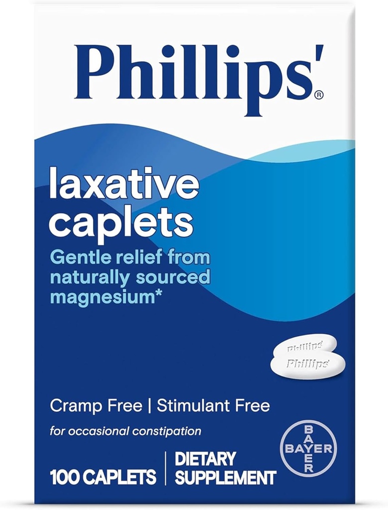 Phillips의 Laxative Caplets, Occasional Constipation, Cramp 및 Stimulant Free Laxatives, 100 Caplets의 Gentle Relief에 대한 자연적으로 Sourced 마그네슘 보충