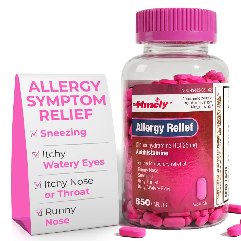 적시 알레르기 완화 Diphenhydramine HCl 25 mg - 650 캡슐 - Benadryl Allergy Ultratab와 비교 - Antihistamine - 알레르기 약물 - 성인을위한 토끼 노스 구호 - Watery Eyes 치료