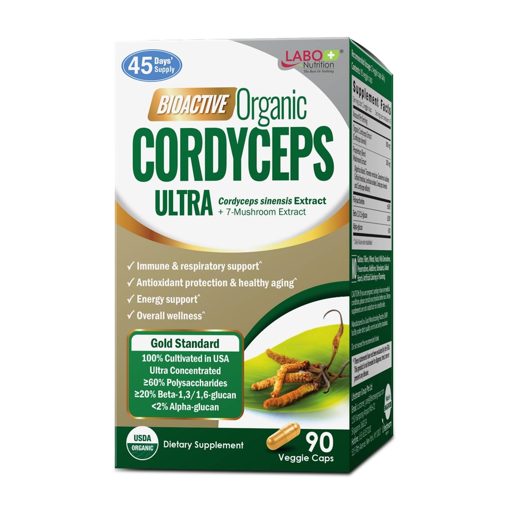 LABO 영양 생물 활성 유기 Cordyceps 울트라 - 8 버섯 추출물 보충, Cordyceps, Reishi, 터키 꼬리, Maitake, Agaricus blazei, Shiitake, Immunity, Energy, Stamina, No 필러