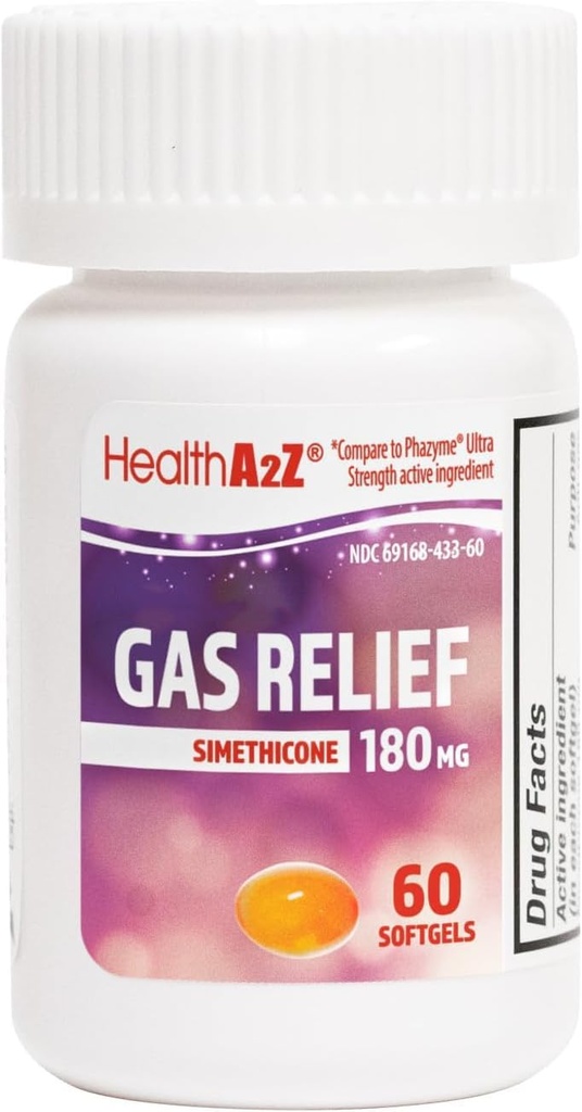 HealthA2Z® 가스 구호 Simethicone 180mg | Stomach Discomfort and Gas에서 구호 | Anti Flatulence | Relieves Gas Fast (60 개)