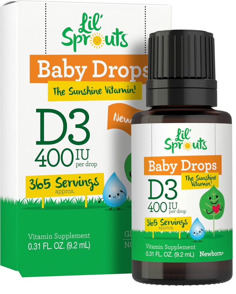 Carlyle Baby Vitamin D3 Liquid Drops | 400 IU | .31oz (9.2 mL) 1 년 공급 (365 서빙) | 채식주의, 비 GMO 및 글루텐 무료 Lil' Sprouts