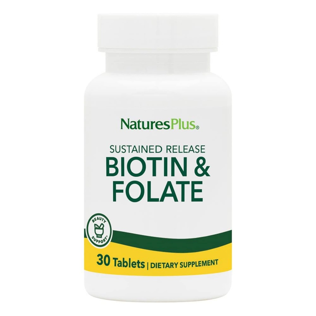 Natures Plus Biotin & Folic Acid (Methylfolate), 지속 릴리스 - 30 채식 정제 - 비타민 B7 & 비타민 B9, 머리 성장 지원, 에너지 부스터, Prenatal 비타민 - 글루텐 - 무료 - 30 서빙