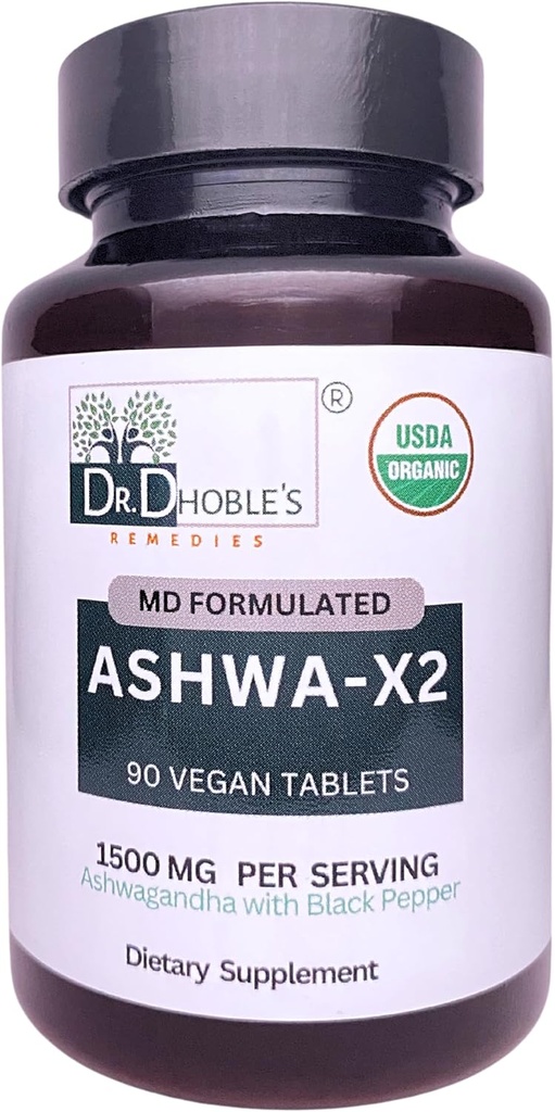 Ashwa X2, Md 공식화 된 Vegan 정제 천연 성분 및 블랙 페퍼 Bioavailability, 1500mg, 추출물 없음, USDA 유기