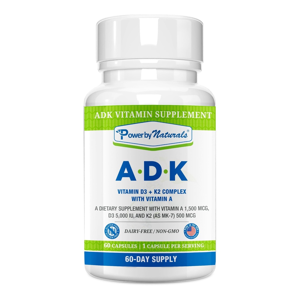 자연적인 ADK 비타민 보충교재에 의하여 힘 - VIT A D3 K2 비타민 5000 iu의 높은 효능 혼합 - 지원 뼈, 심장 & 면역성 건강 - 60의 캡슐 (2 달 공급)