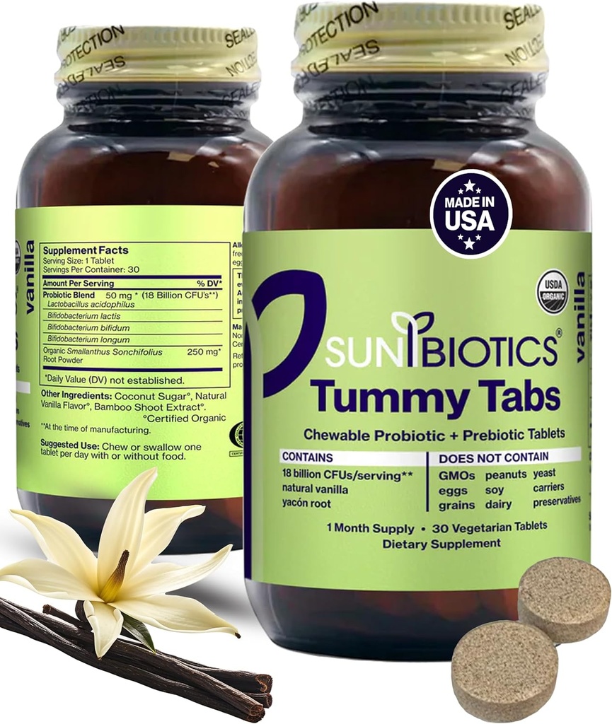 SUNBIOTICS Tummy Tabs - Chewable Probiotic 및 Prebiotic 정제 좋은 Gut Flora, Immune 시스템, & Balanced Microbiome - Vanilla, (패키지 1)