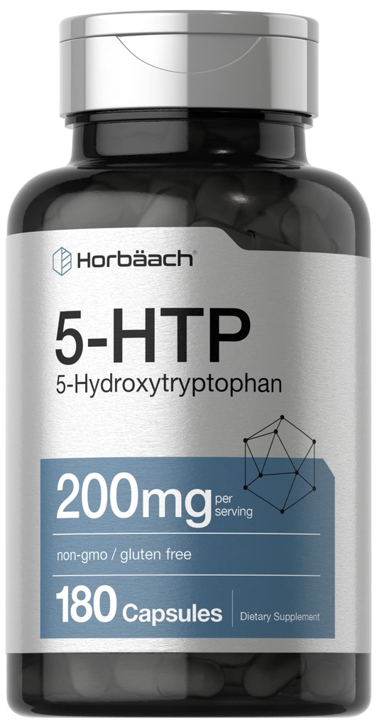 Horbäach 5HTP 200mg 보충 | 180 캡슐 | 5 Hydroxytryptophan | Griffonia Simplicifolia | 추가 강도 | 비 GMO, 글루텐 프리