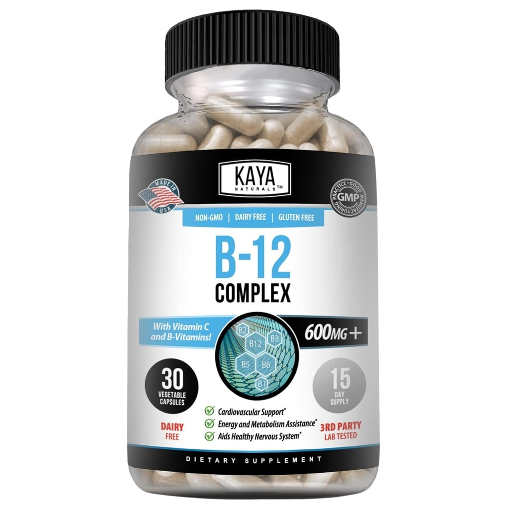 Kaya Naturals B-12 Complex | 여성용 Multivitamin 보충 교재 & 남성 에너지 및 대사증폭기 | B-Complex Vitamin with Biotin, Choline, Inositol, Folate 및 비타민 C - 30 캡슐