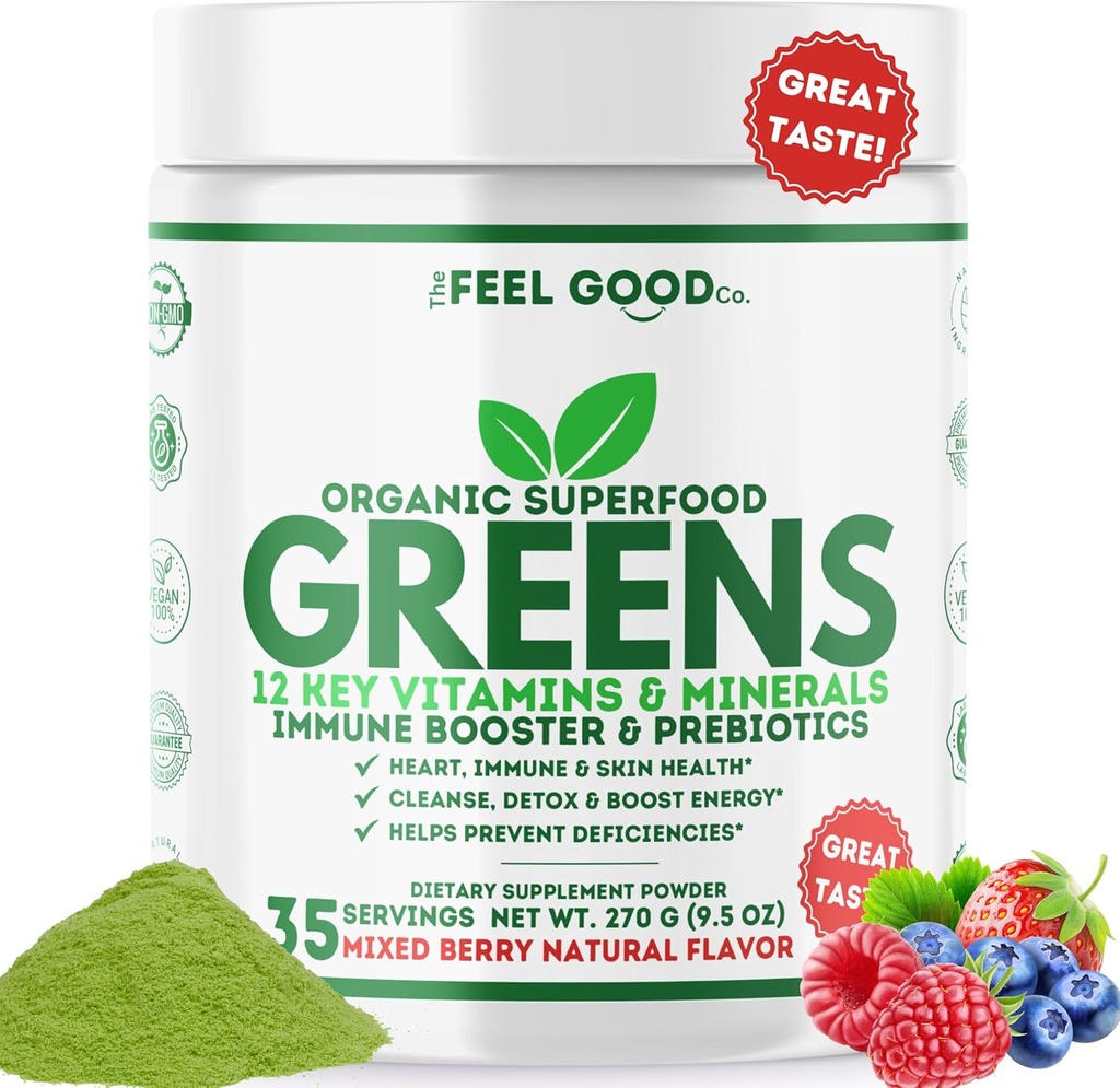 느낌 좋은 슈퍼 그린 분말 - 유기 녹색 주스, 밀 잔디 추가 설탕, Spirulina, Chlorella, Probiotics, 소화 효소, 산화 부자, 면역 부스트 녹색 Superfood, 35 SVG, 매일