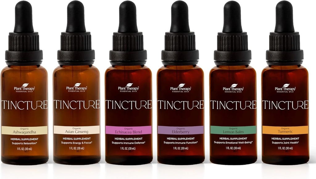 식물 치료 유기 작은 조각 초심자 세트 30 mL 유기 Ashwagandha의 각각, 아시아 인삼, Echinacea 혼합, Elderberry, 레몬 Balm & 심황