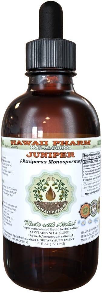 Juniper 알콜 자유로운 액체 추출물, 유기 Juniper (Juniperus Monosperma) 말린 Berry Glycerite 하와이 Pharm 자연적인 초본 보충교재 4개 oz