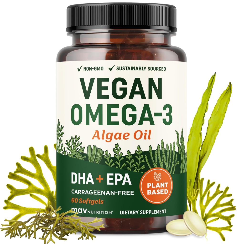 Vegan 오메가 3 조류 오일 | 식물 기반 DHA EPA | 지속 가능한 원천, 아니 Carrageenan, 비 GMO | 심장, 뇌 및 눈 건강 | 생선 기름 대안 | 조류 오메가 3 보충 | 60 Softgel 캡슐