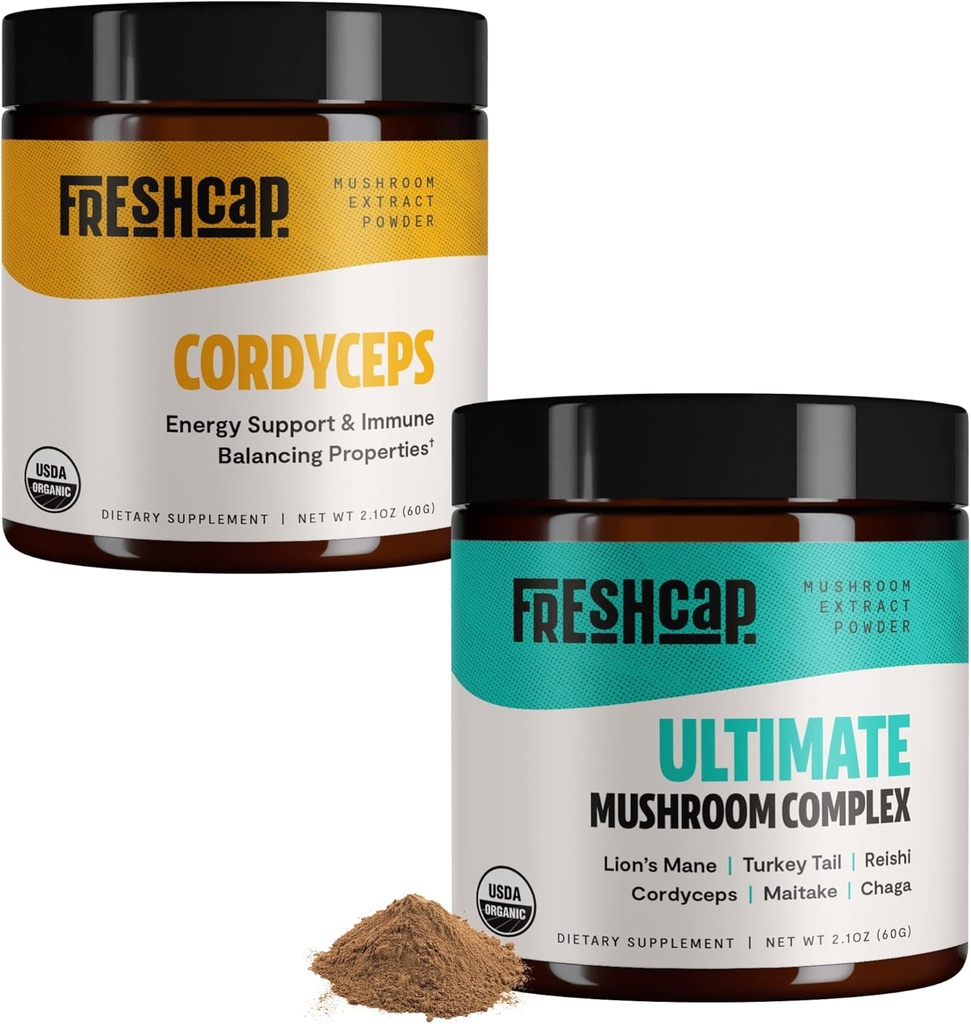 FreshCap Mushrooms 에너지 번들 (Cordyceps Powder 및 Ultimate Mushroom Complex Powder)