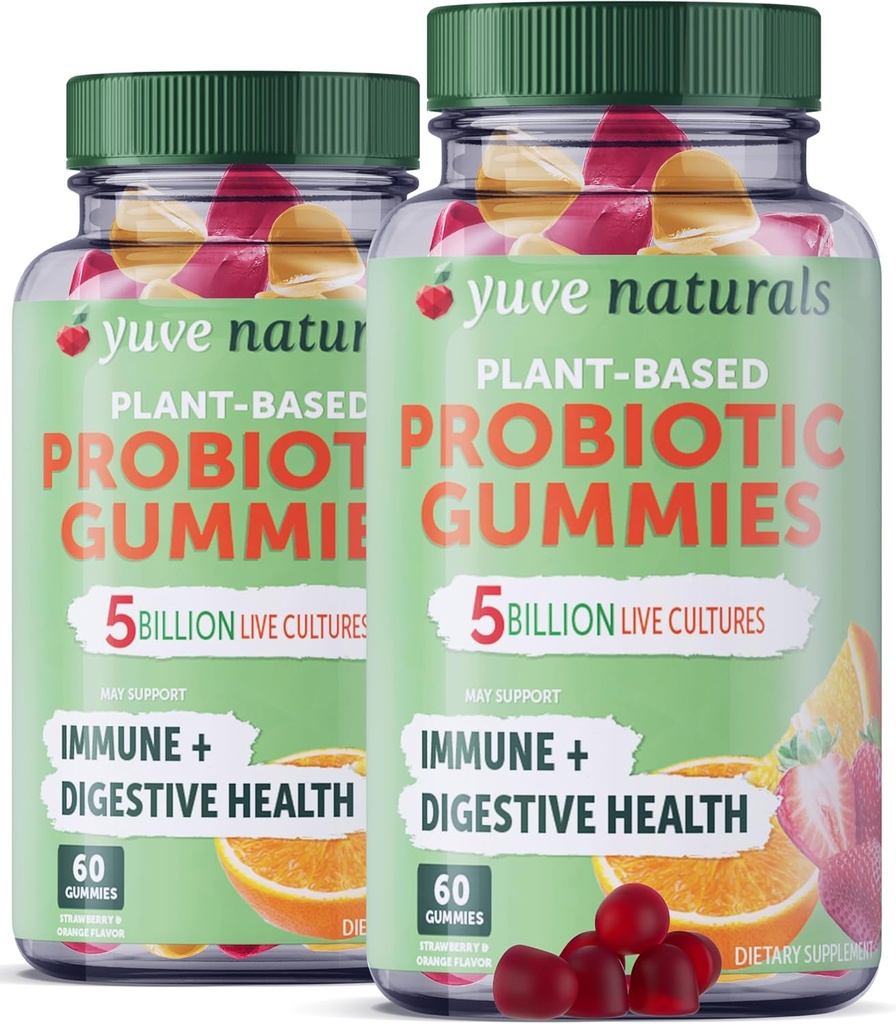 Yuve Vegan Probiotic Gummies, 여성 및 남성을위한 Probiotics, 설탕 & 글루텐 프리 거미 프로바이오틱스, 소화 및 면역 지원, 5 억 CFU, 변비, Bloating & Leaky Gut - 60ct (2 팩)