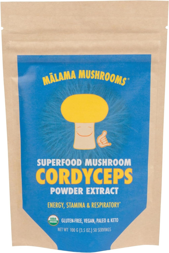 Malama, 유기 과일 바디 Cordyceps 버섯 분말, Superfood Adaptogenic, 지원 에너지, 내구시간 및 계류, 100 서빙