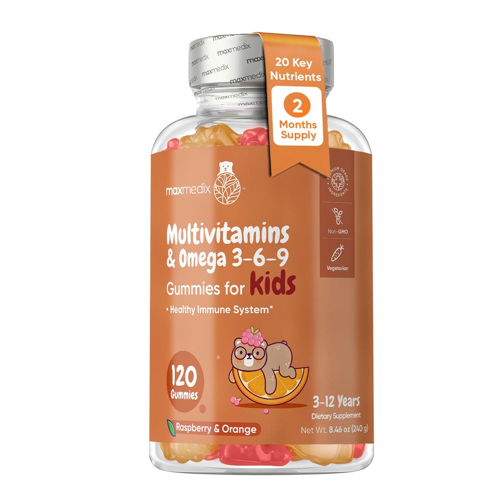 오메가 3 6 9 - 120 Gummies (60 서빙)를 가진 maxmedix 아이 Multivitamin Gummies - 필수 아이 비타민 A, C, D & B12, 무기물 & Nutrients - 자연적인 라즈베리 & 오렌지 풍미 - 제 3 자 테스트