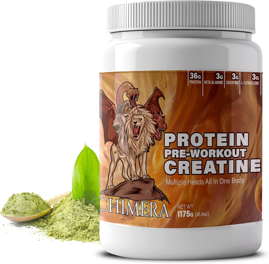 CHIMERA All-in-One Protein & Pre-Workout Powder - 36g Protein, 3g Creatine, Non-GMO, Sugar-Free, Low Sodium, Matcha의 천연 카페인, 인공 풍미 없음