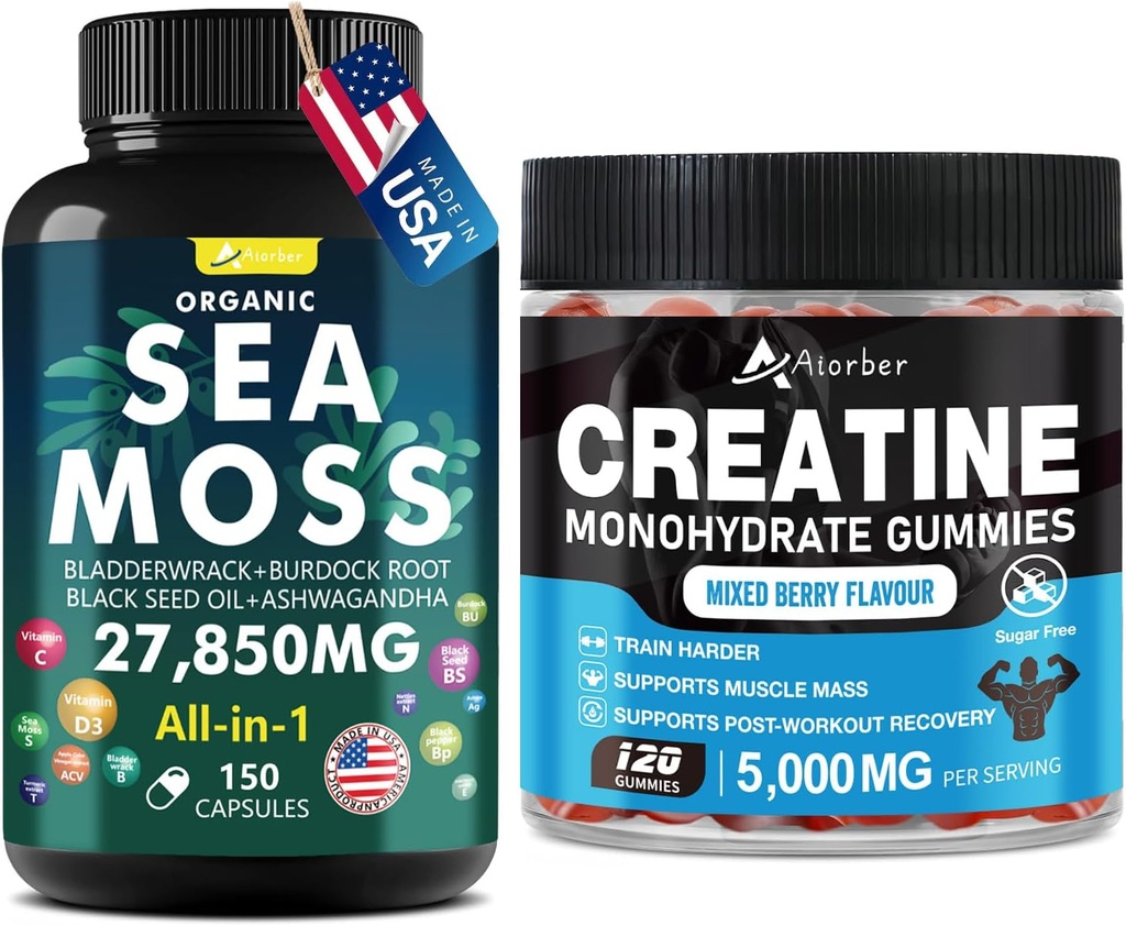 Sea Moss & Creatine Monohydrate Gummies 번들 270 조사 – 유기 바다 Moss 검은 씨앗 오일 Aşhwagandha Ginger & Creatine Monohydrate (2 팩)
