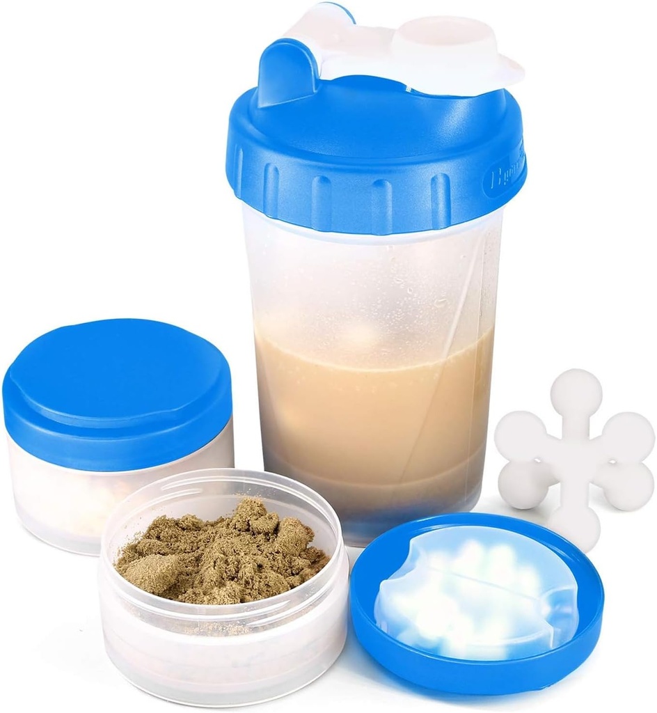 16oz Protein Shaker Bottle with Shaker Ball and 2 Storage Jars | BPA-Free Plastic Cup with Clear Measurement Scale | 단백질 믹스 및 알약 완벽 | 휴대용 사전 운동 음료 컵(블루)