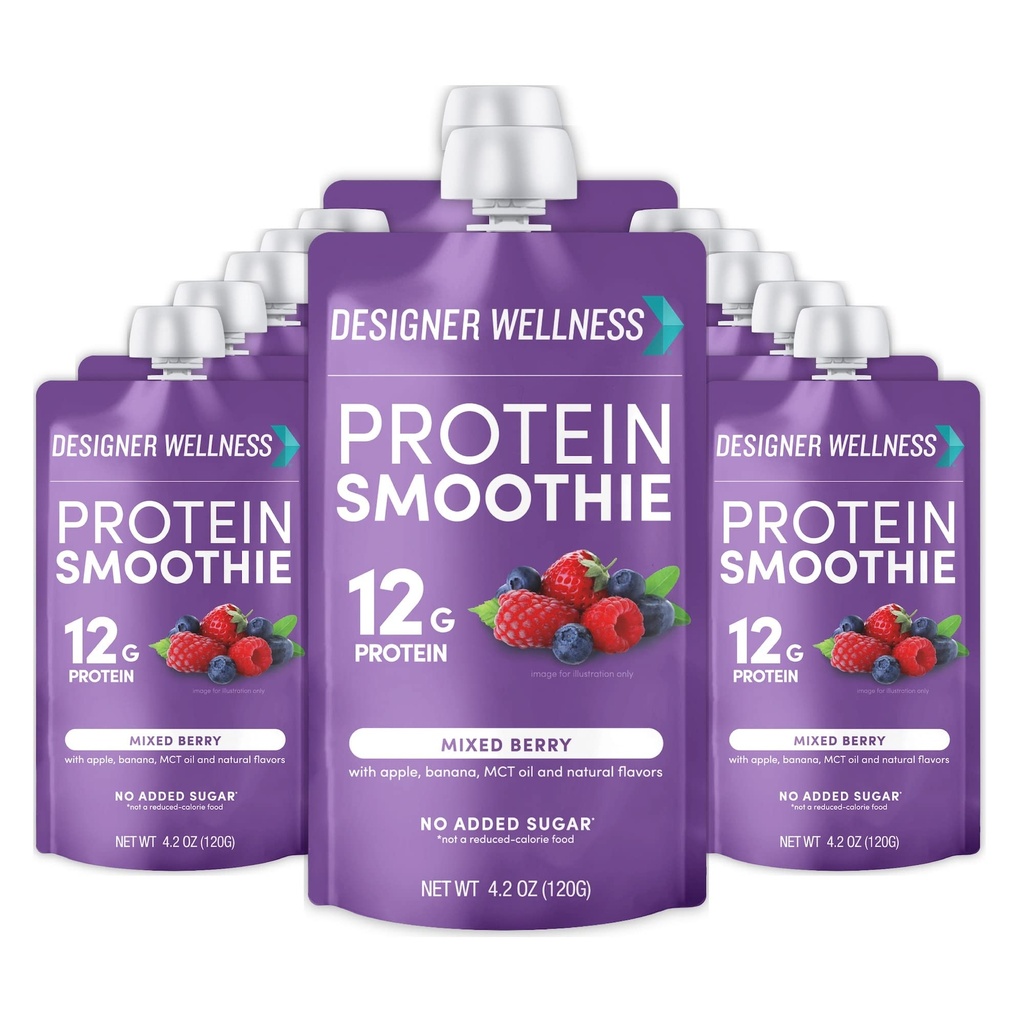 디자이너 Wellness Protein Smoothie, Real Fruit, 12g Protein, Low Carb, ZeroAdd Sugar, Gluten-Free, Non-GMO, 인공 색상 또는 향료 없음, 혼합 Berry, 12 카운트