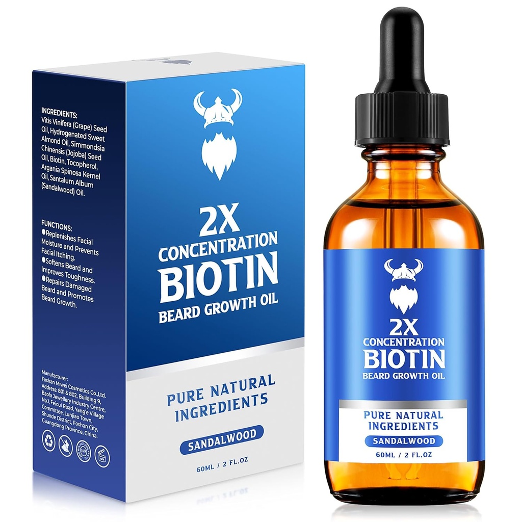 수염 성장 기름 - 2X 농도 Biotin 남성 (2 oz)에 대 한 곰 오일 - Argan 오일, Jojoba 오일 및 비타민, 수염 성장 연화, Moisturizer (샌달 우드)와 자연 남성 곰 오일