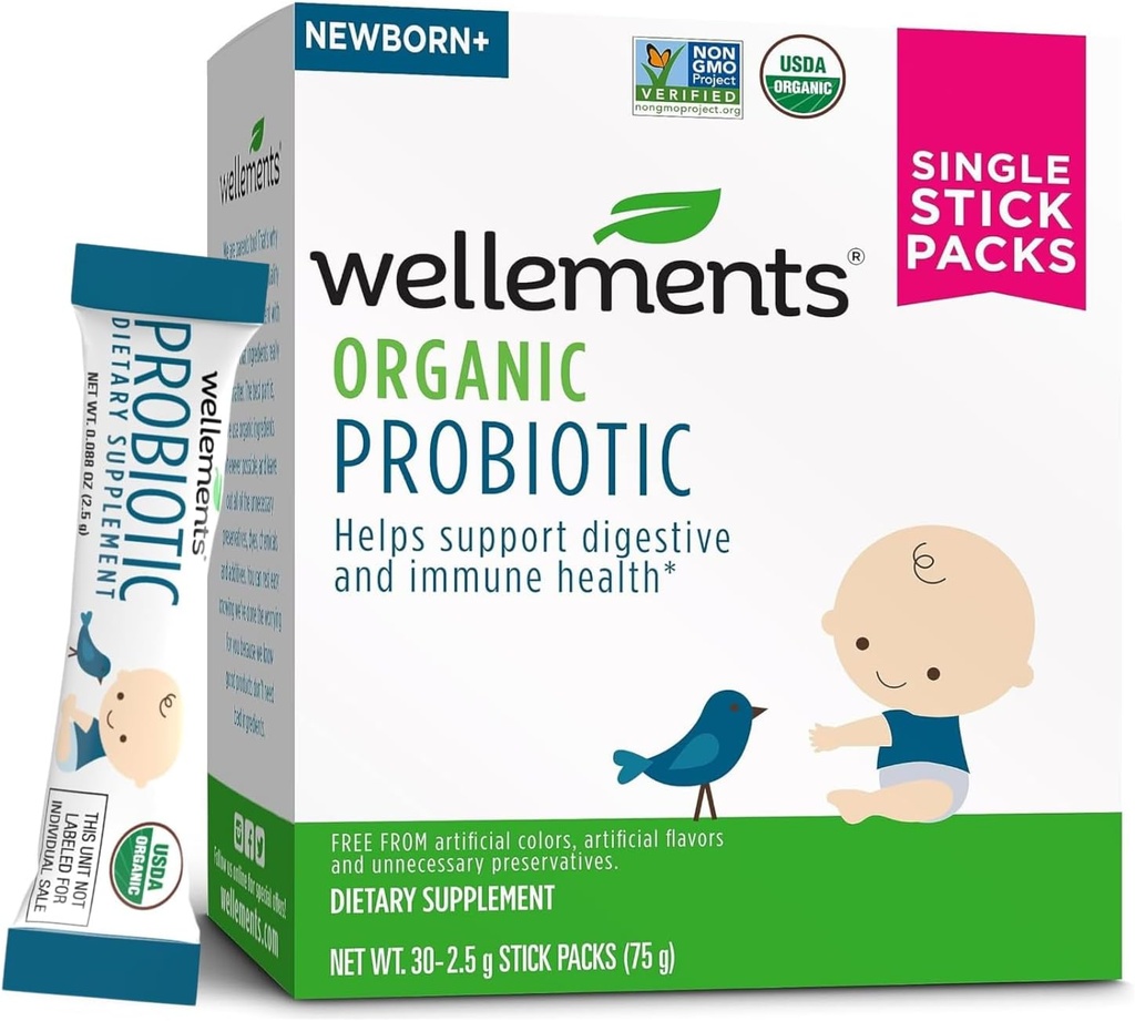 Wellements Organic Probiotic Stick Pack | 유아, 아기 및 유아를 위한 소화 및 면역 건강 지원 | 맛있고 사용하기 쉬운 | Non-GMO 및 Top 9 알레르기 무료 | 30ct
