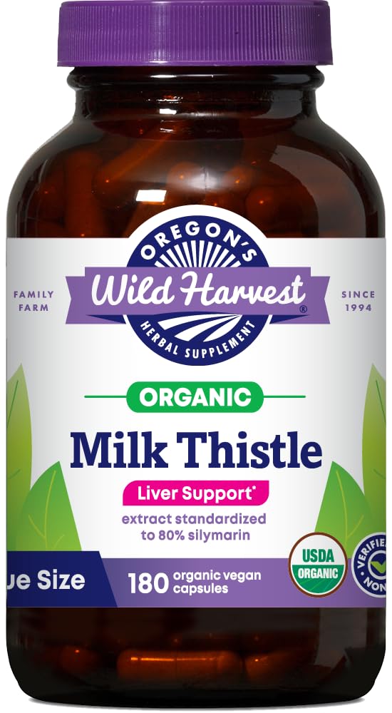 Oregon 's Wild Harvest Milk Thistle Organic Non-GMO 초본 보충 - 완두콩 (식물 소스) 채식 캡슐, 180 카운트