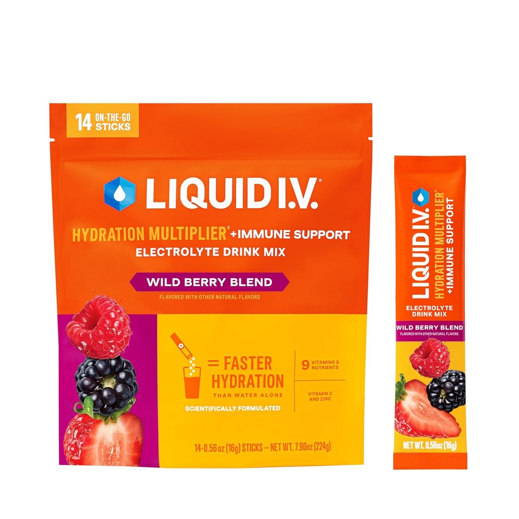 액체 I.V.® Hydration Multiplier® +Immune Support - Wild Berry - Hydration Powder Packets | Electrolyte Powder Drink Mix | 편리한 Single-Serving Stick | Non-GMO |14 서빙 (12장)