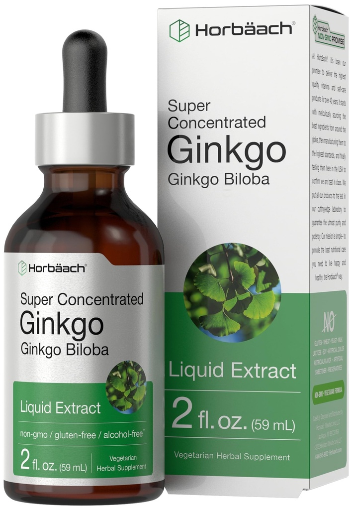 Horbäach Ginkgo Biloba 추출물 액체 2 fl oz | 알코올 무료 허브 보충 | 채식주의, 비 GMO, 글루텐 무료