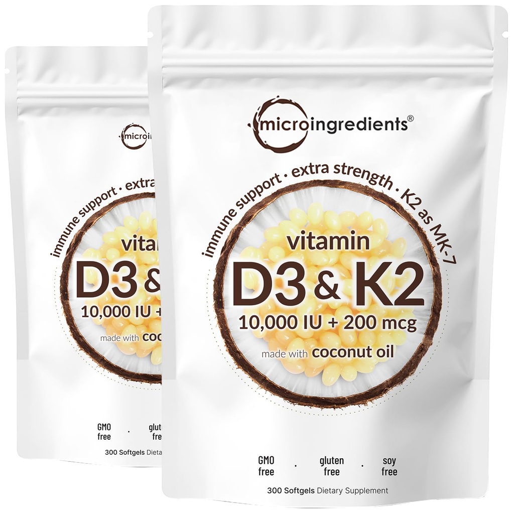2 팩 비타민 D3 10000 iu 플러스 K2 (MK-7) 200 mcg, 300 버진 코코넛 오일 Softgels | 2 in 1 Vitamins D & K Complex | 지원 칼슘 흡수, 뼈, 면역, & 심장 건강 - 삼키기가 용이