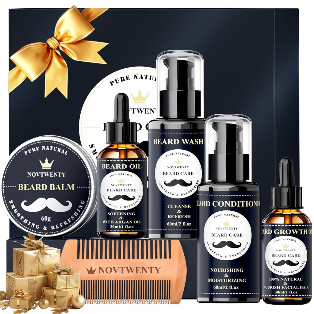 Beard Growth Kit - 7 Pc Kit, 세척, 오일, 컨디셔너, 발름, 빗, 남성용 선물 상자 세트 포함
