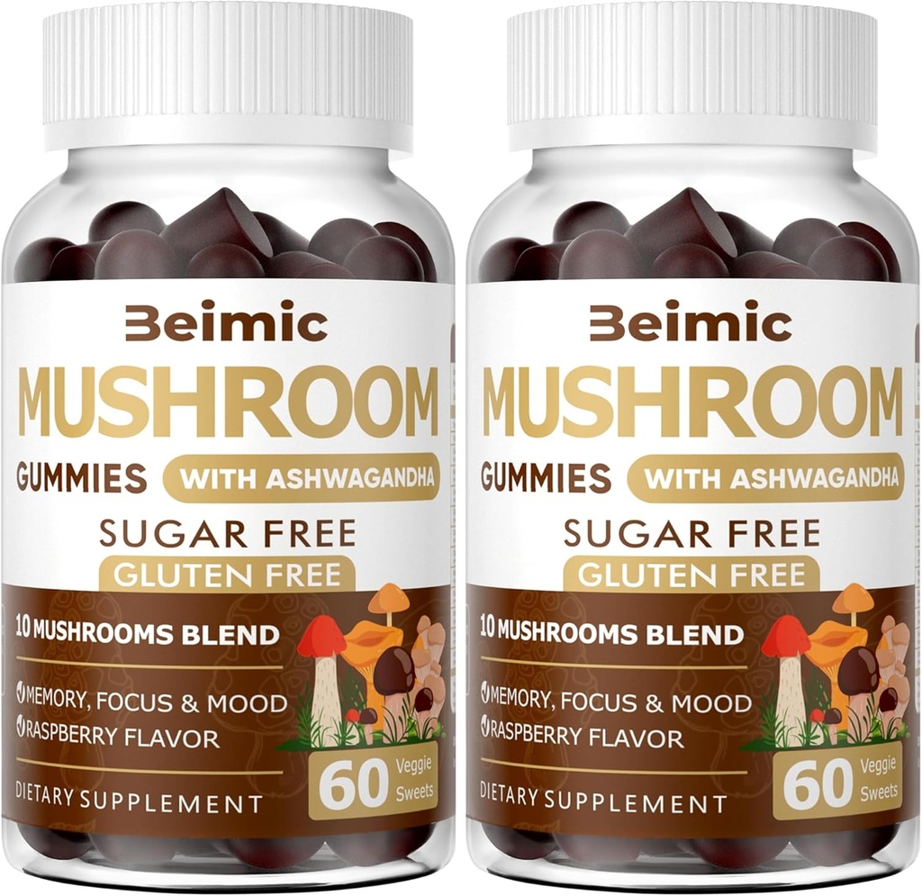 버섯 Gummies - Ashwagandha 및 Lion Mane (120 Chews) Nootropic Brain Supplement, 면역 지원 및 스트레스 완화 (팩 2)