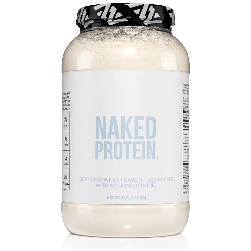 벌거 벗은 단백질 분말 혼합 - Whey, Casein 및 계란 단백질, 4 성분, Non-GMO, No Soy, 글루텐 없음, 인공 감미료 없음, 풍미 또는 색깔, Keto 및 Paleo 친절한 - 3 LB