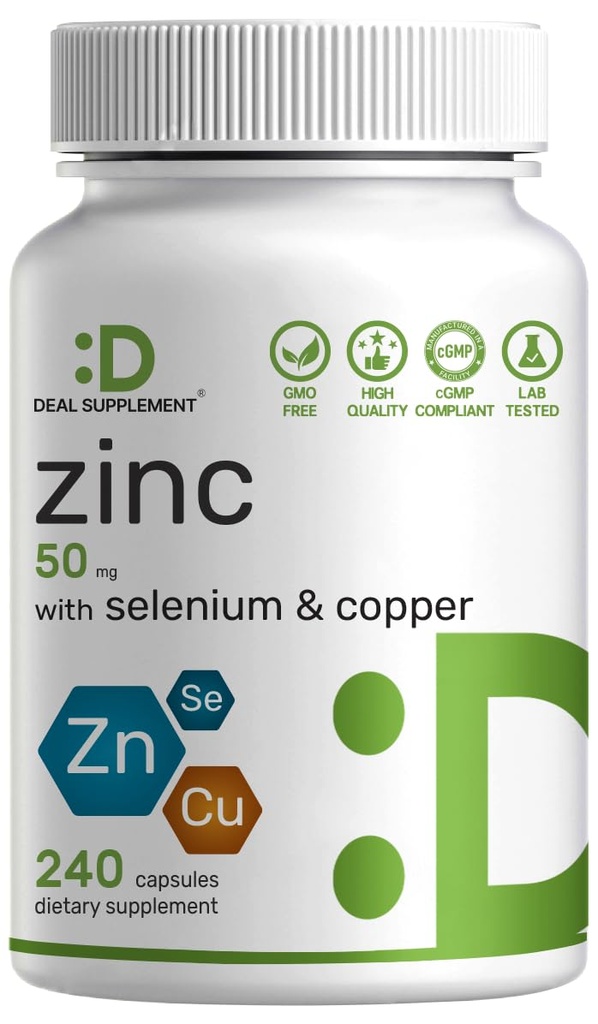Deal 보충교재 아연 Selenium + 구리, 240의 캡슐, 8 달 공급, 1개의 무기물 공식, 아연 Picolinate 복잡한 보충교재, 지원 성인과 아이를 위한 건강한 면역 체계를 가진 50mg