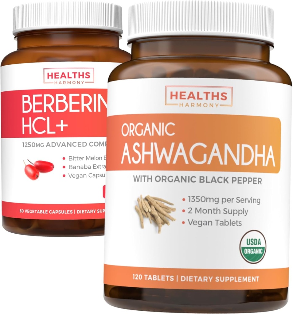 저장 $4 (11% 할인) - 유기 Ashwagandha & Berberine HCL + 구매 - 자연의 Synergy 듀오 - Berberine (60 캡슐) - 유기 Ashwagandha 뿌리 분말 1350mg Serve (120 정제) 자연 치료 도움말