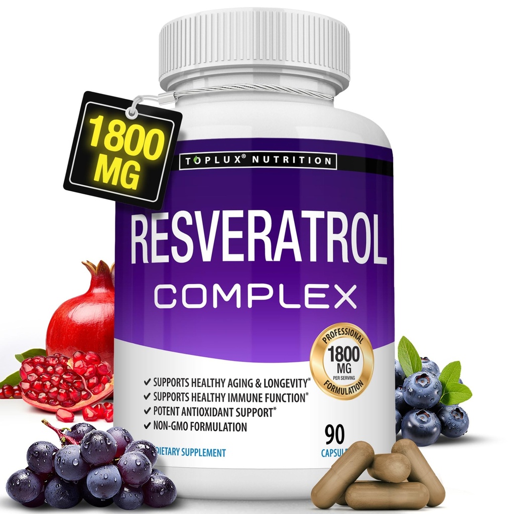 Resveratrol 보충교재 1800 mg 산화 방지제 복잡한 - 건강한 노후화, 전반적인 건강 지원, 면역 체계, 남자 여자를 위한 뇌 기능, 90의 캡슐을 위한 높게 유력한 자연적인 trans-Resveratrol 알약