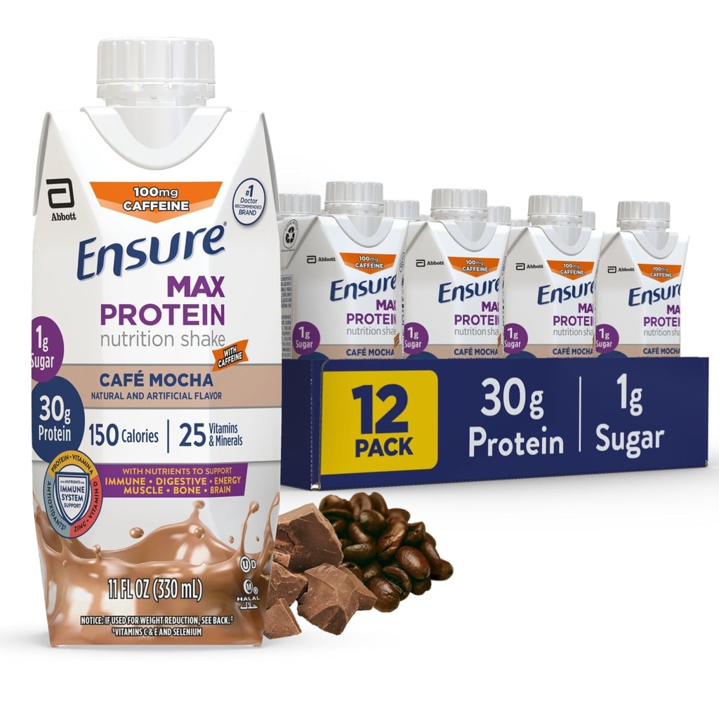 Max Protein Cafe Mocha Nutrition Shake | 30g Protein, 1g Sugar, 4g Fiber Blend | 12 팩