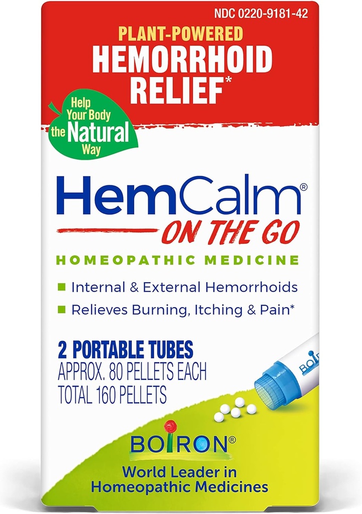 Boiron HemCalm On the Go Travel Essential for Hemorrhoid Relief of Pain, Itching, Swelling 또는 Discomfort - 2 개 (160 펠릿)