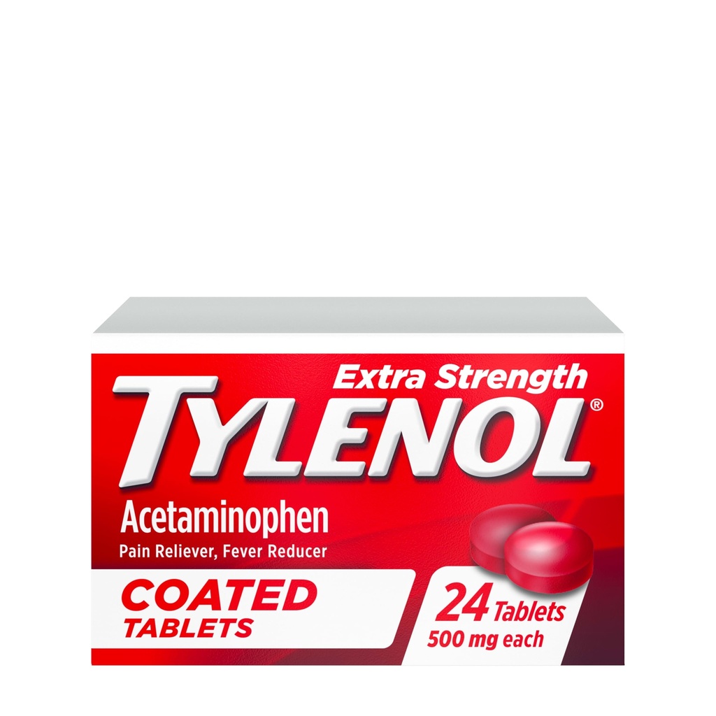 Tylenol Extra Strength Pain Reliever & Fever Reducer, Round coated Tablets, 500 mg Acetaminophen Pain Relief Pills for Headache, Toothache & Minor 관절염 통증, 24 ct
