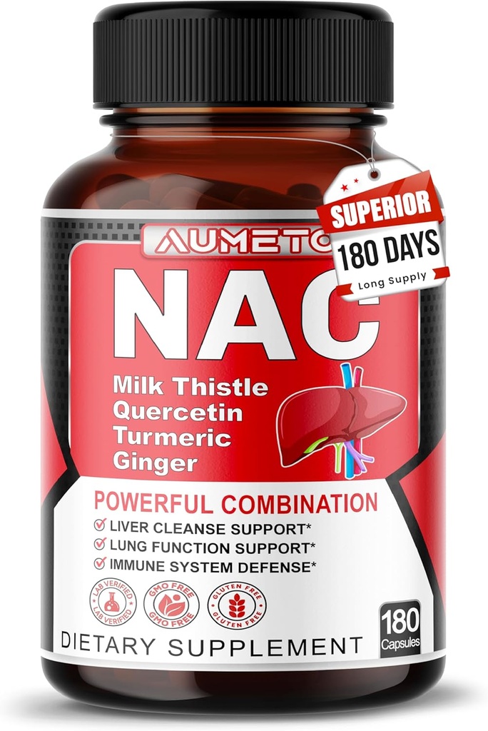 Nac Supplement N-Acetyl-L-Cysteine - 낙농성 면역성, 호흡기, 간장 웰빙을위한 우유 이틀 + Quercetin로 강화 (180 개)