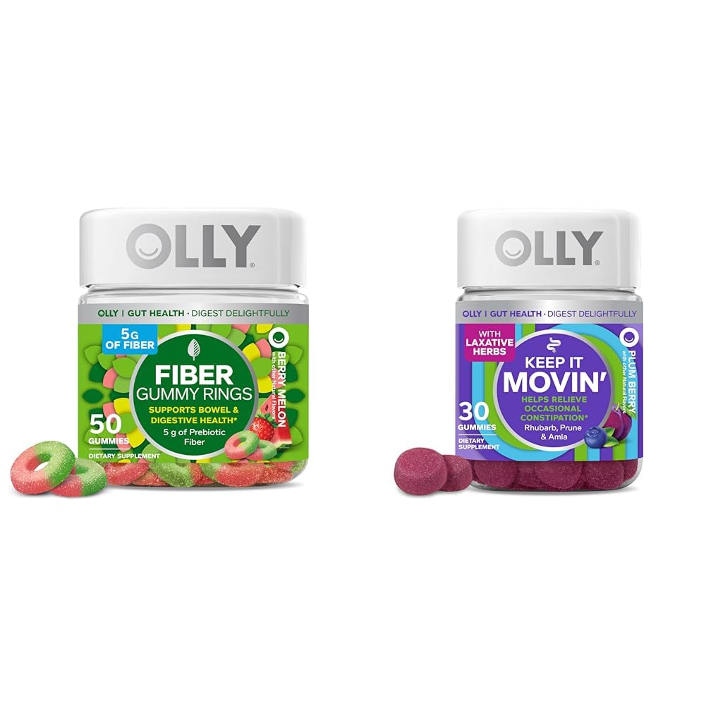 OLLY 섬유 거미 반지, 5g Prebiotic 섬유, FOS (Fructo-oligosaccharides), 소화 지원, 베리 멜론 50ct & 그것을 이동 변비 구호, Rhubarb, Prunes, Amla - 매실 베리 맛 - 30ct