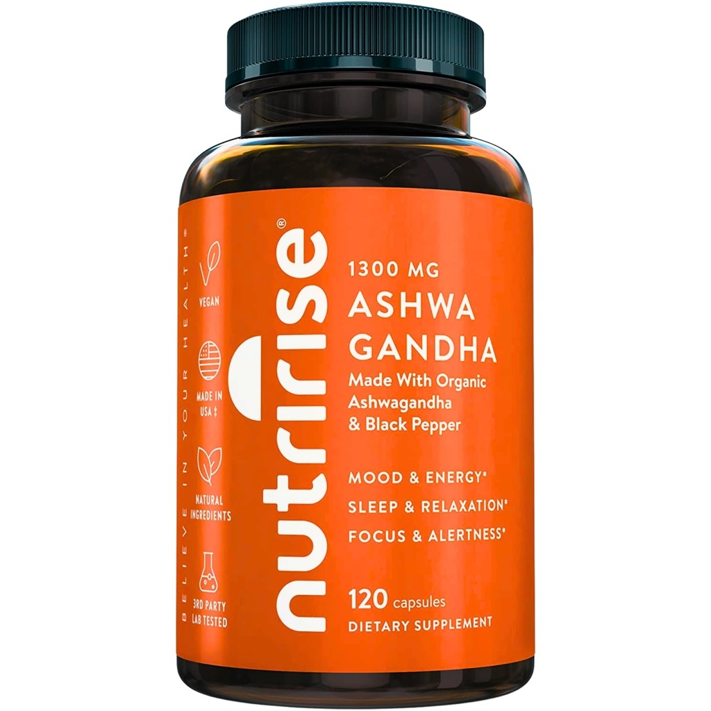 Black Pepper, 1300mg, Natural Stress & Mood, Thyroid 및 Immune Support Supplement, Clarity, Focus & Energy, Gluten Free, 120 카운트를 가진 NutriRise 유기 Ashwagandha 뿌리 캡슐