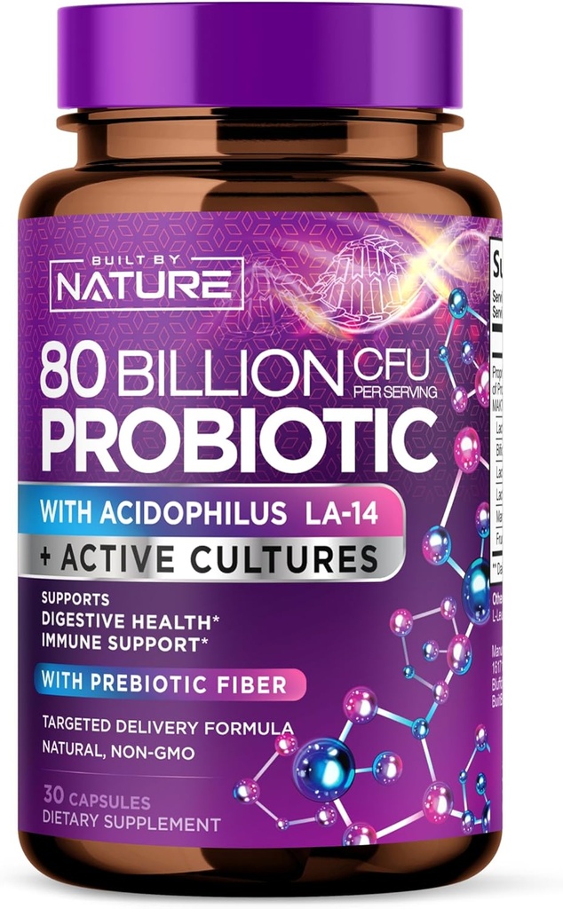 80 억 CFU Probiotic - 남성 및 여성을위한 매일 소화 계통 건강 보충 - Lactobacillus acidophilus, Bifidobacterium & Prebiotics - Non-GMO, 글루텐 & Dairy Free, 유통 - 30 캡슐