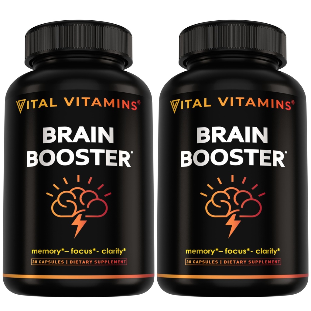 Vital Vitamins Brain Supplements for Memory and Focus (2-Pack) - Ginkgo Biloba, Rhodiola, B12 - 성인 및 노인을위한 카페인 무료 지원 - 60 일 공급