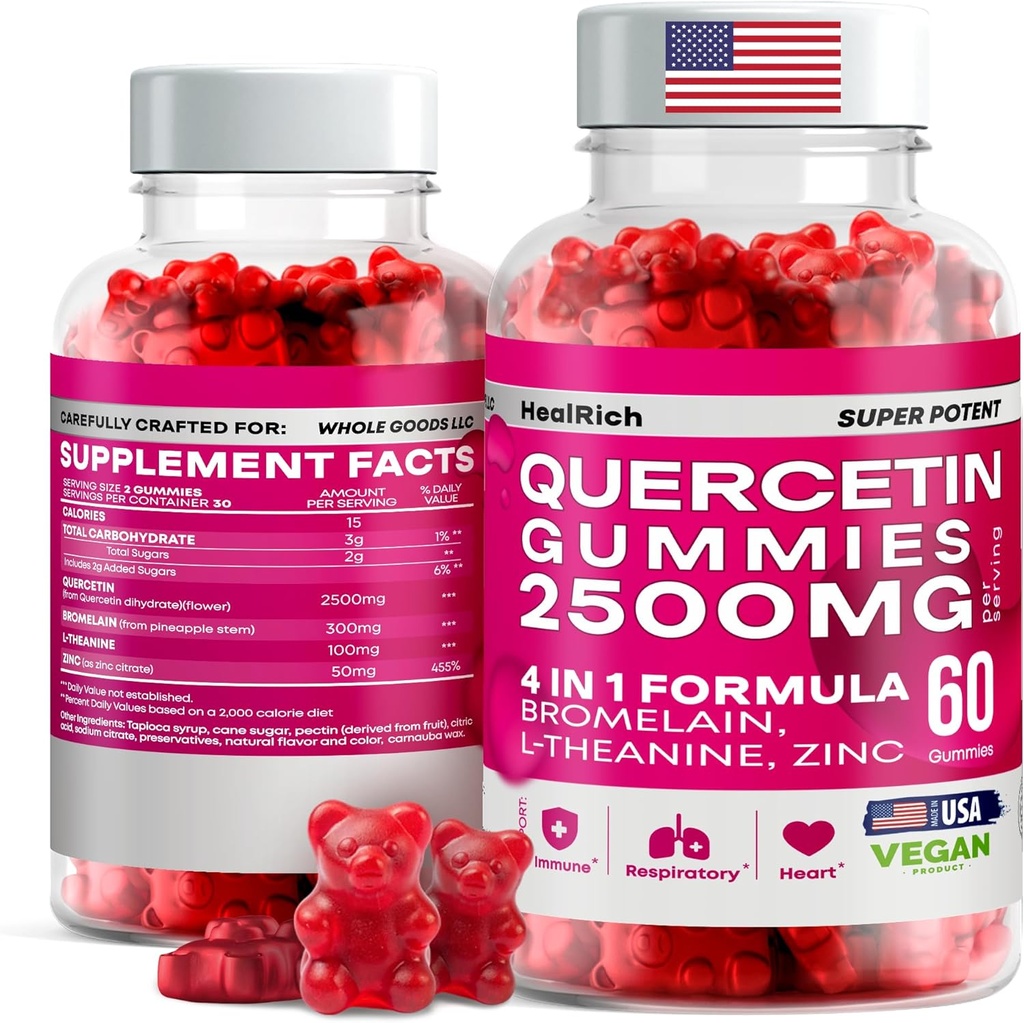 Quercetin Gummies - Bromelain, L-Theanine과 2500MG - 아이 & 성인을 위한 면역 완화 & 폐 건강
