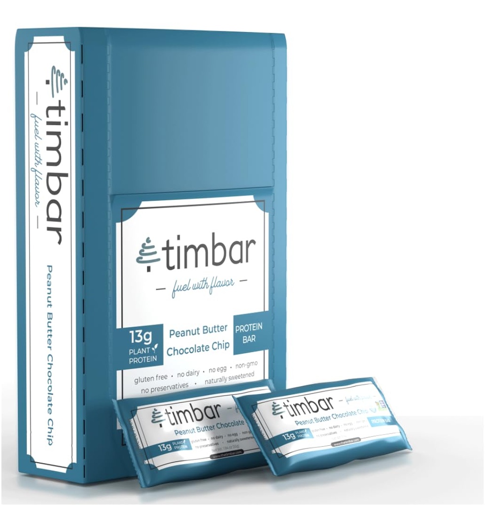 timbar Protein Bars 12 Pack | 13g Protein의 플랜트 기반 에너지 및 너트 바 | 글루텐 프리, 비 GMO, 다이리 프리, 건강한 On-the-Go 스낵 및 식사 교체 (12 팩, 땅콩 버터)