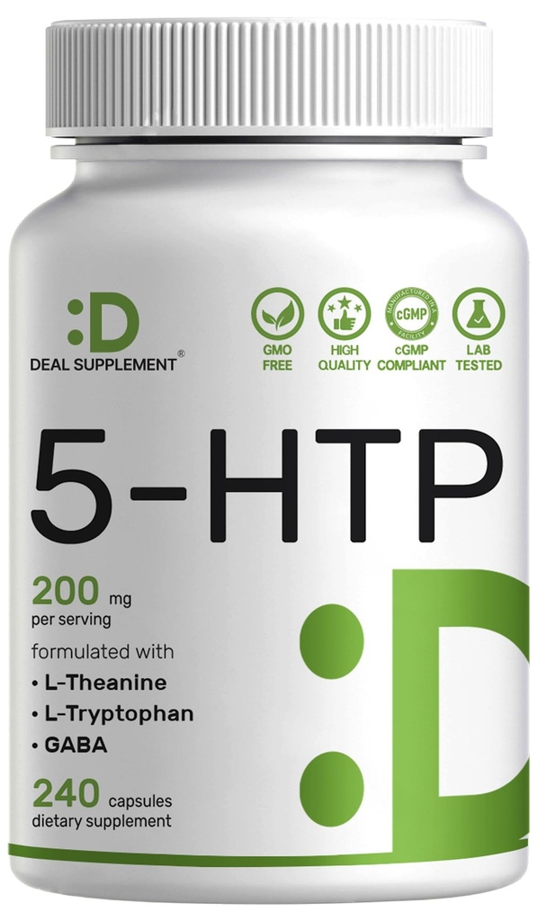 5HTP 200mg, 240 캡슐, 98 % 아프리카 탈리 Griffonia 씨앗 추출물 | 4 in 1 Formula | Plus Active L Theanine, L Tryptophan, & GABA | Relaxation Support Supplement