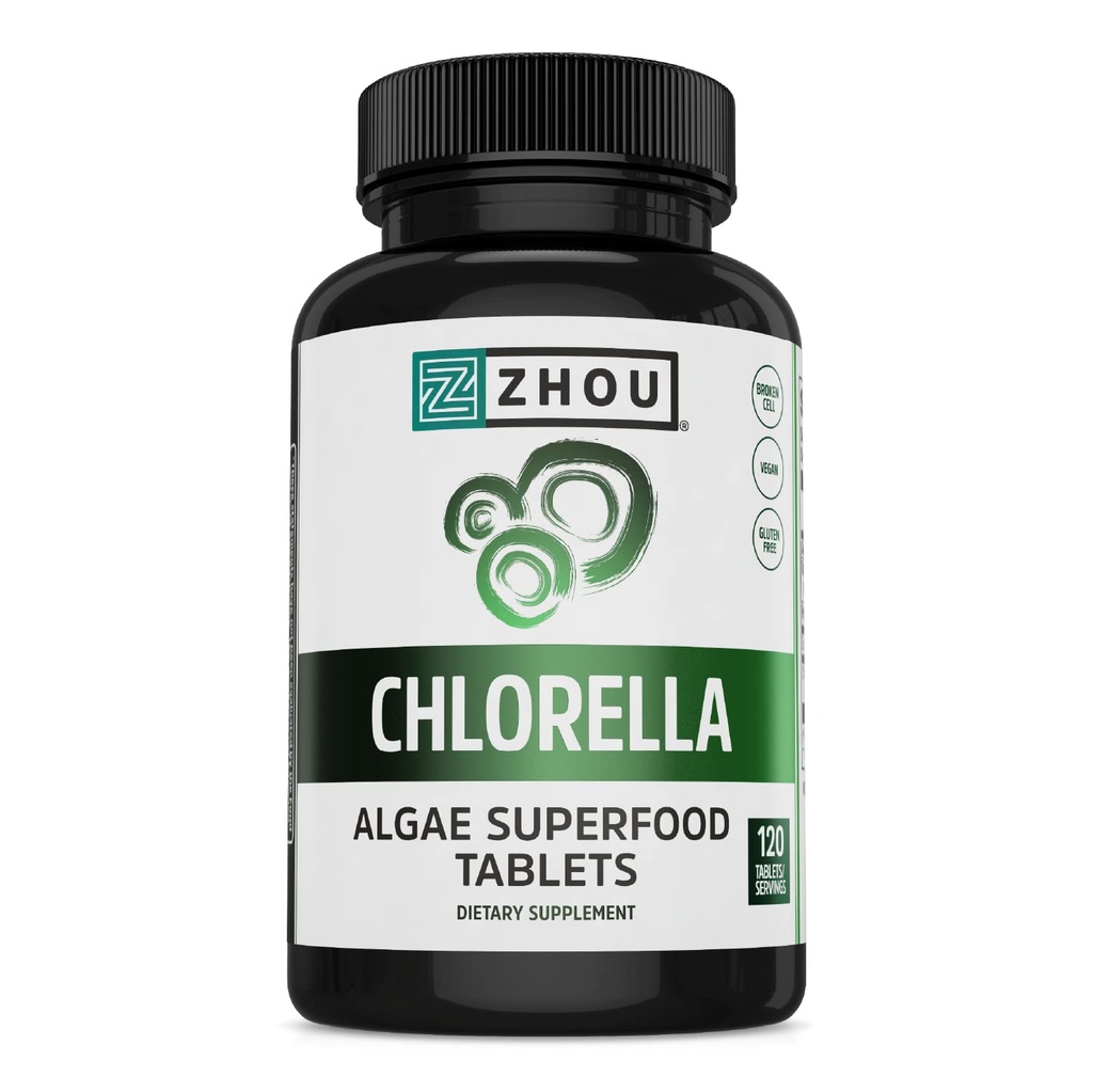 Zhou Chlorella 정제 - Chlorella 보충교재, Chlorophyll 비타민, 순수한 녹색 조류 Superfood, 영양 풍부한 슈퍼 푸드 알약, 브로큰 세포 벽 - 120 Vegan 정제